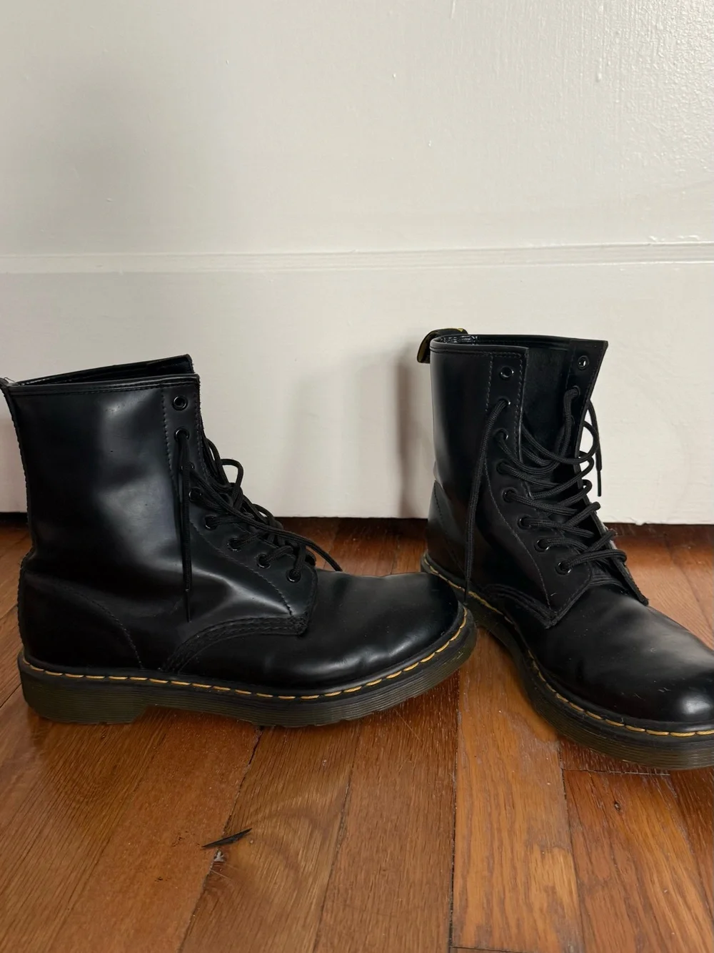 Dr. Martens 1460 Black Leather 8-Eye Lace-Up Boots with Yellow Snitching
